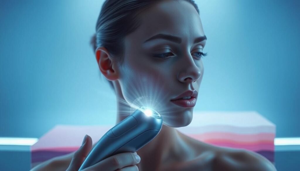 A high-tech image showcasing the integration of monopolar radiofrequency and ultrasound technology from derBeaute. In the foreground, a sleek and futuristic-looking handpiece emits gentle beams of RF energy and focused ultrasound waves, enveloping a model's face in a hazy, ethereal glow. The middle ground features a clean, minimalist backdrop, emphasizing the advanced nature of the treatment. The background subtly hints at the underlying biological mechanisms, with a layered cross-section of skin revealing the targeted stimulation of the dermal layer. Subtle blue and violet hues convey a sense of clinical precision and innovative skin rejuvenation.