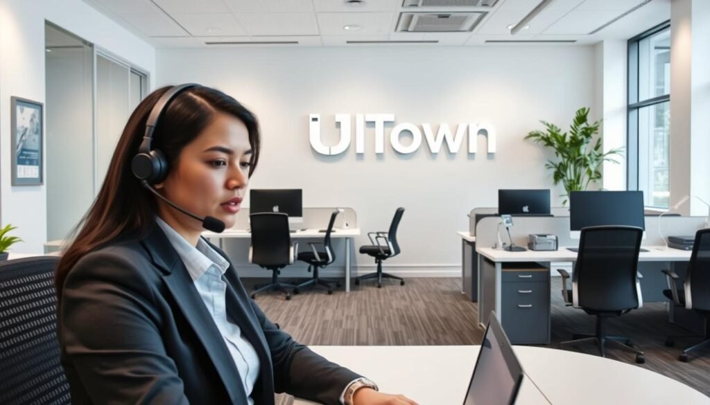 A modern office space with sleek, minimalist furniture and decor. In the foreground, a professional customer service agent wearing a headset and smart casual attire is seated at a desk, ready to assist customers. The agent's face is partially obscured, conveying a sense of attentiveness and focus. The middle ground features several additional customer service workstations, each with a computer and desk accessories. The background showcases the UTown logo prominently displayed on the wall, along with a large window that floods the space with natural light, creating a bright and welcoming atmosphere. The overall scene conveys a sense of efficiency, responsiveness, and a commitment to customer satisfaction.