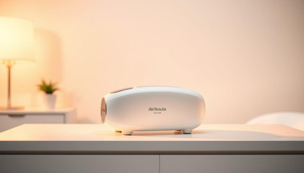 A serene, well-lit studio scene featuring the derBeaute BTL Exion skin treatment device. The device is prominently displayed on a clean, white tabletop, casting a soft, diffused glow. The background is blurred but hints at a minimalist, professional medical environment. The lighting is warm and flattering, showcasing the sleek, modern design of the device. The composition emphasizes the device's safety and effectiveness, conveying a sense of trust and expertise. The scene evokes a calm, reassuring atmosphere suitable for a medical beauty treatment.