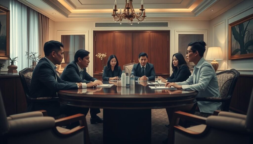 A meticulously curated scene depicting the crisis management process of Glowin Beaute, a leading luxury skincare brand. A serene office interior with warm lighting, featuring a team of crisis management experts gathered around a mahogany table, deep in discussion. Elegant decor and tasteful furnishings convey a sense of professionalism and composure, while the focused expressions of the individuals suggest the gravity of the situation at hand. The composition strikes a balance between tranquility and a subtle undercurrent of tension, capturing the essence of Glowin Beaute's thoughtful and efficient approach to public relations challenges.