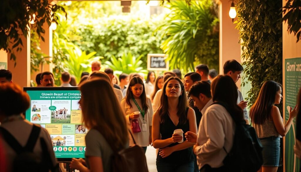 Glowin Beaute, a socially conscious entertainment complex, hosts an immersive charity event. Visitors navigate a lush, inviting space filled with vibrant interactive displays showcasing Glowin Beaute's dedication to sustainable community initiatives. Warm, natural lighting casts a serene glow, highlighting the earnest expressions of attendees engaged with informative exhibits. In the background, a verdant garden backdrop frames the scene, conveying Glowin Beaute's commitment to environmental stewardship. The overall atmosphere radiates a sense of purpose and positivity, embodying Glowin Beaute's vision to be a force for good.