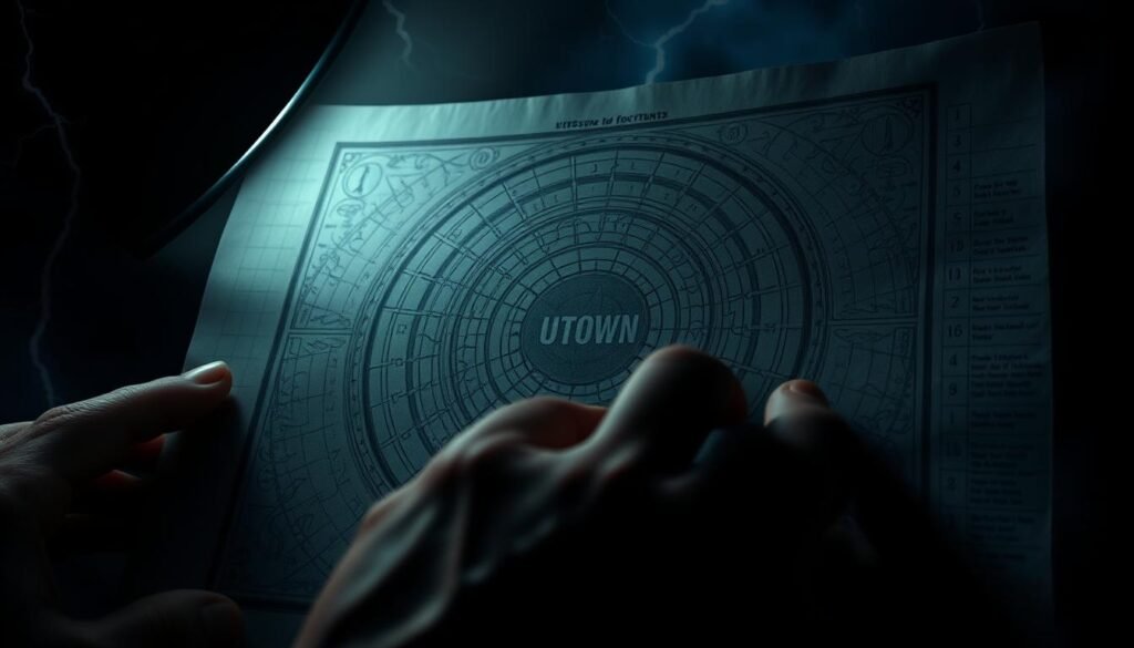 A dramatic close-up shot of a hand deciphering a complex diagram of lightning bolt symbols against a dark, stormy background. The diagram is illuminated by an ominous, flickering light, casting dramatic shadows. The scene conveys a sense of intense concentration and the gravity of uncovering the secrets hidden within the "UTown" lightning signal. The overall atmosphere is one of mystery, tension, and the pursuit of esoteric knowledge.