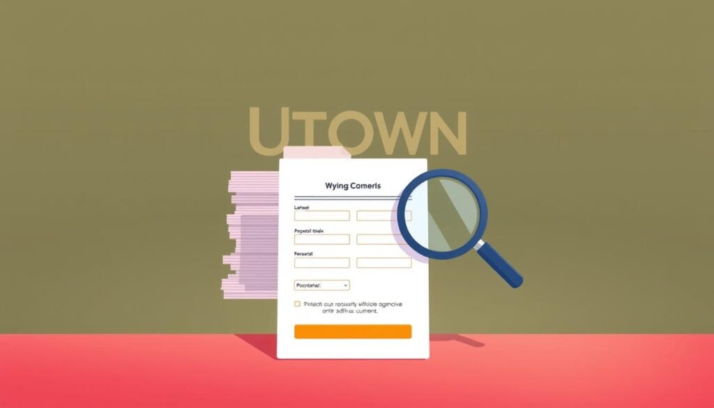 A stylized digital illustration depicting the application criteria for the UTown casino's welcome bonus. In the foreground, a crisp, clean interface displays a form with input fields for personal details. In the middle ground, a stack of documents and a magnifying glass symbolize the verification process. The background features a subtle UTown logo and a warm, inviting color palette that evokes a sense of professionalism and trust. The overall composition conveys a seamless, user-friendly experience for the casino's prospective customers.