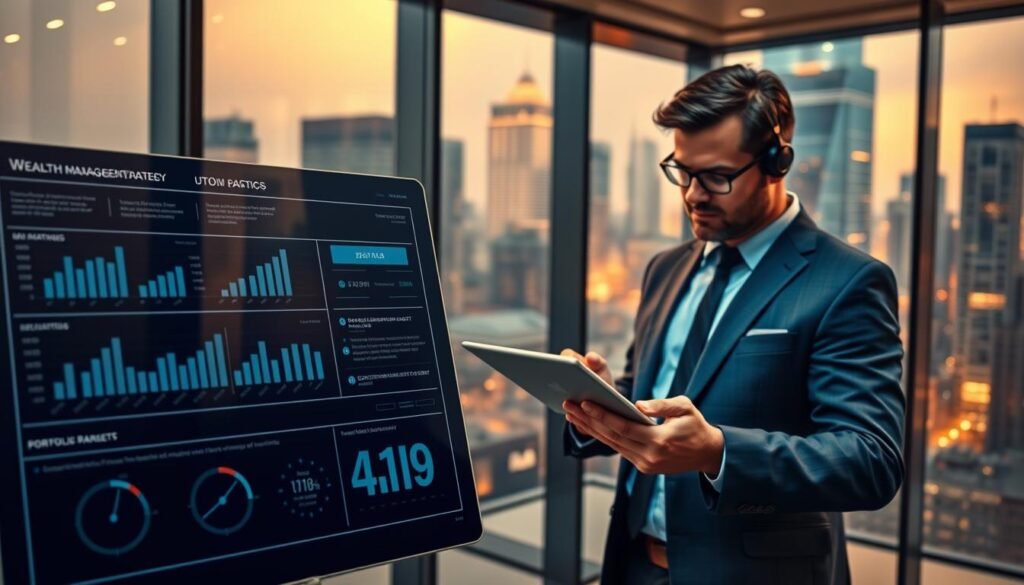 A vibrant, detailed scene depicting a successful wealth management strategy. In the foreground, a UTown branded infographic showcases financial metrics and projections. In the middle ground, a well-dressed investor reviews portfolio reports on a sleek digital tablet. The background features a modern, glass-walled office overlooking a bustling urban skyline, bathed in warm, directional lighting. The overall mood conveys a sense of financial prowess, control, and confidence.